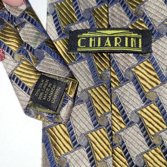 Chiarini Mens Tie Silk Linen Blend Handmade Geometric Print Made In Canada - Picture 4 of 8